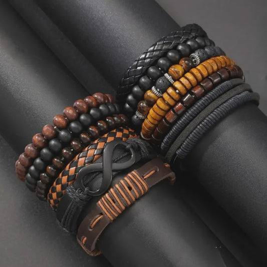 Set van 12 Vintage Armbanden: Gevlochten Kunstleer met Tijgeroog & Maansteen Kralen