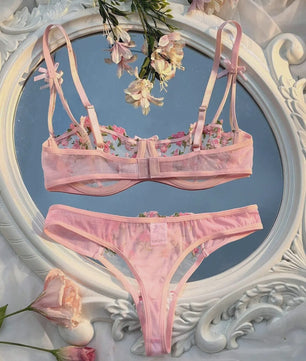 Luxe Lingerieset met Transparante Kant en Bloemenborduursel - Beha en Slip