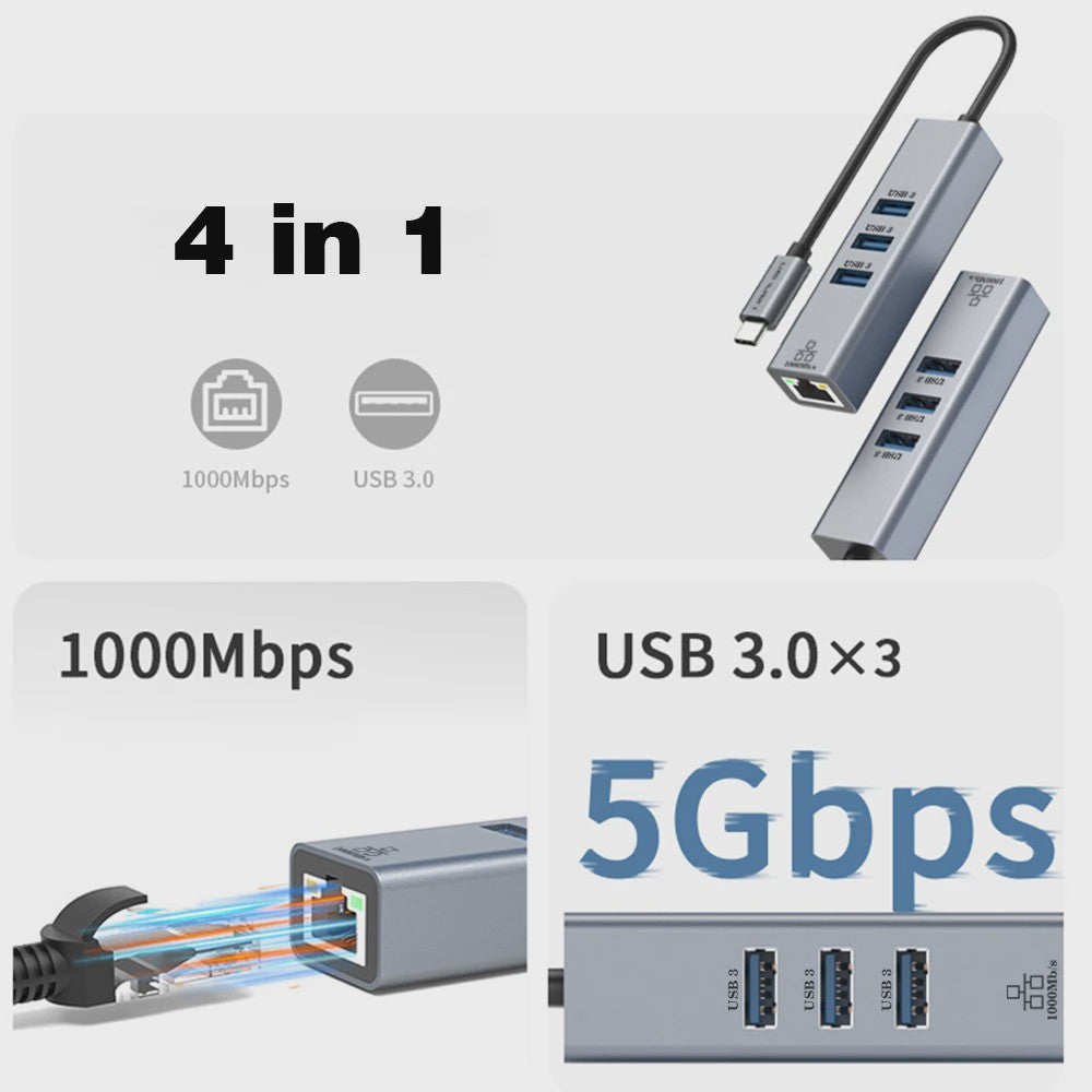 USB-C Docking Station met Gigabit Ethernet (1000Mbps) en 3x USB 3.0 Poorten | 100W PD