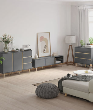 Scandinavische TV-meubel Donkergrijs - 150cm - 2 Deuren & Open Niche - Kabeldoorvoer - Tot 55 inch