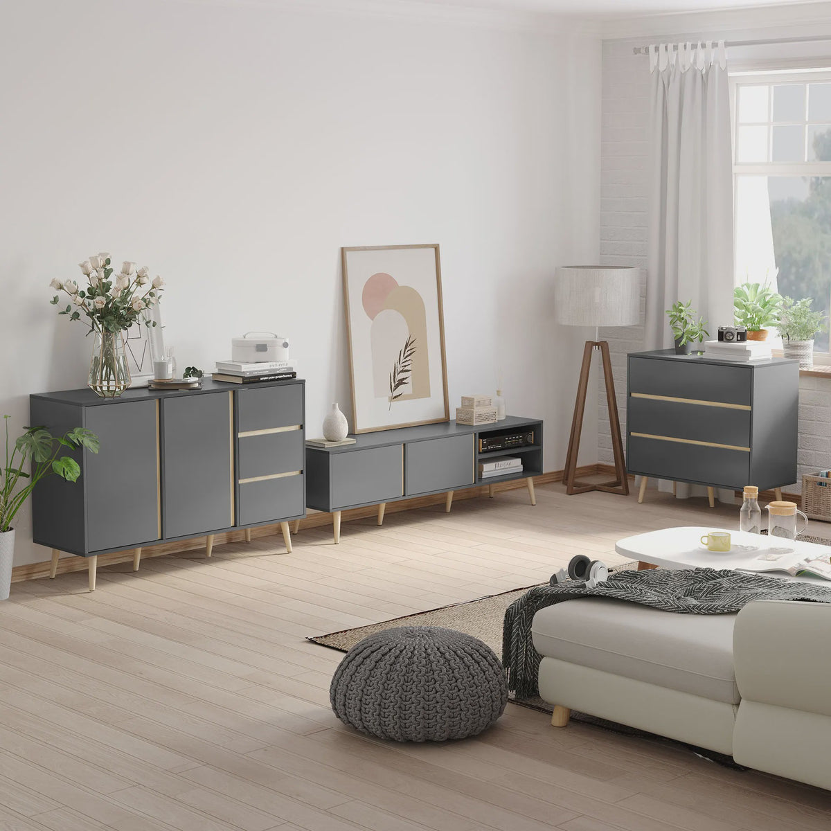 Scandinavische TV-meubel Donkergrijs - 150cm - 2 Deuren & Open Niche - Kabeldoorvoer - Tot 55 inch