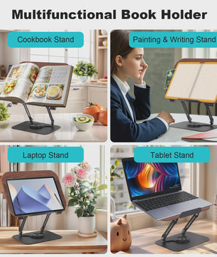 Verstelbare Boekenstandaard met 360° Draaibare Voet & Page Clips - Ideaal voor Lezen, Koken, Laptop & Tablet