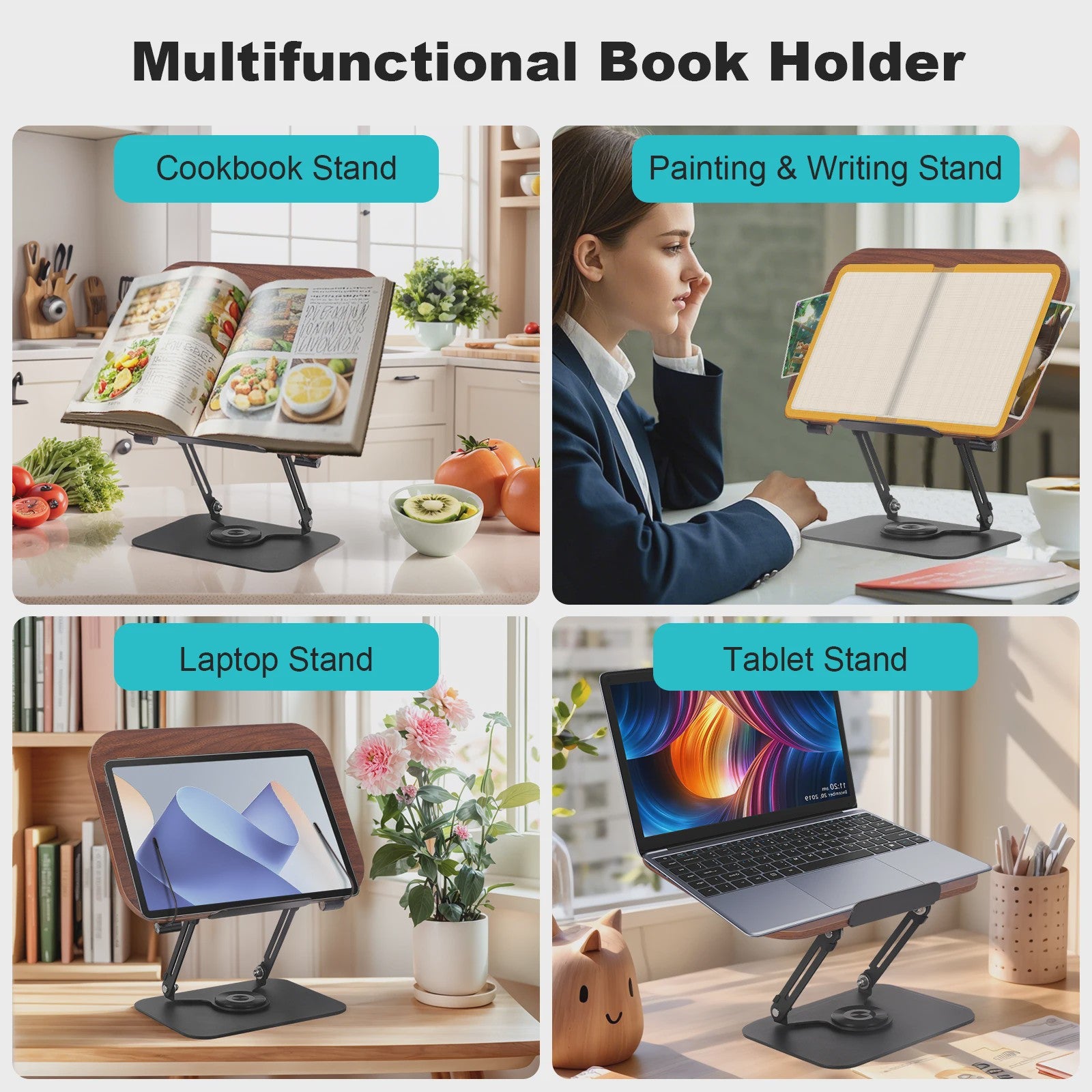 Verstelbare Boekenstandaard met 360° Draaibare Voet & Page Clips - Ideaal voor Lezen, Koken, Laptop & Tablet
