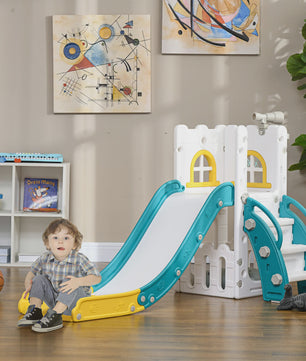 AIYAPLAY Kinder Speeltoestel 5-in-1: Glijbaan, Basketbal, Telescoop & Opbergruimte