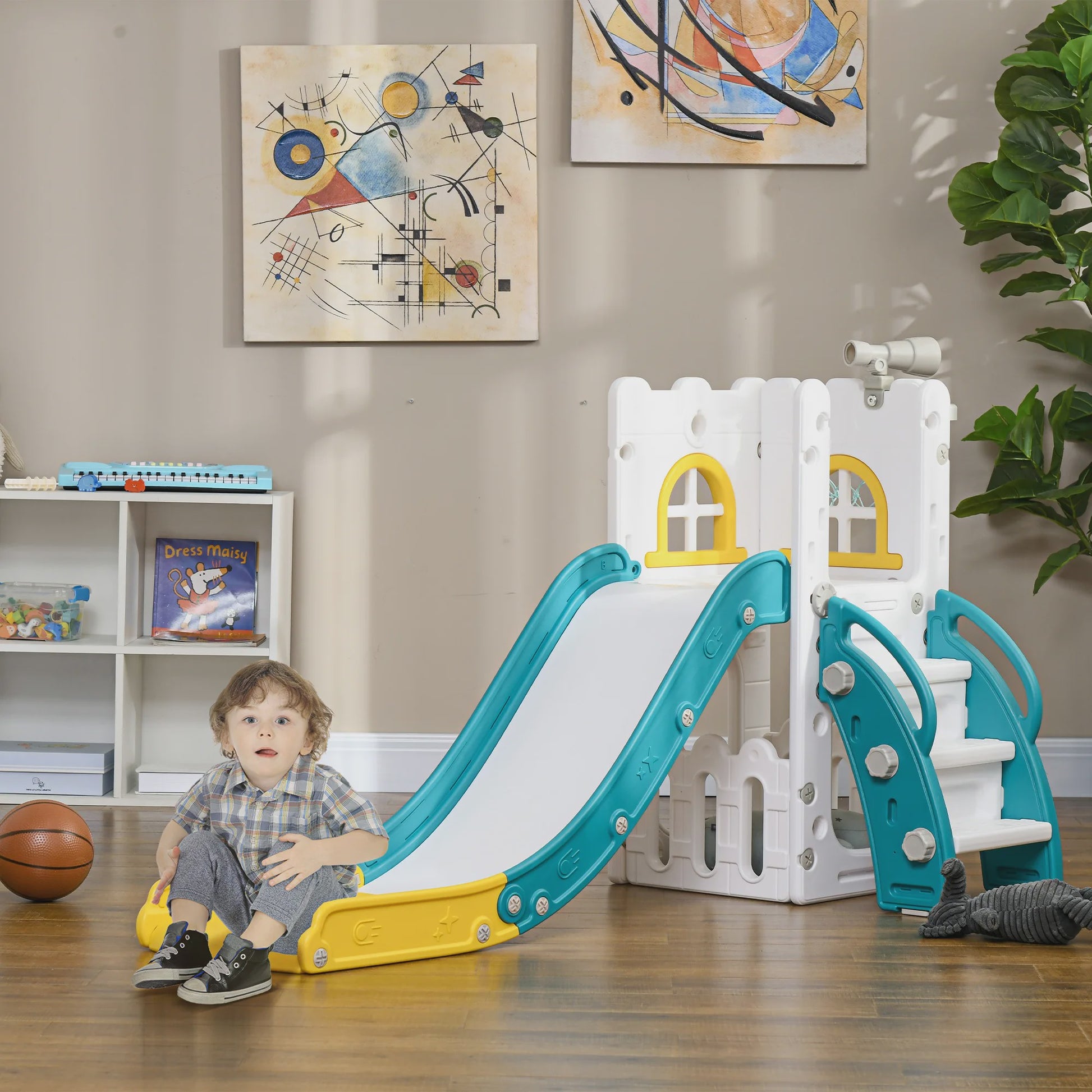 AIYAPLAY Kinder Speeltoestel 5-in-1: Glijbaan, Basketbal, Telescoop & Opbergruimte