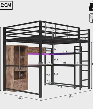 Zwart Metalen Loft Bed 140x200 cm met LED Verlichting, Bureau, Lade, Planken en Ladder