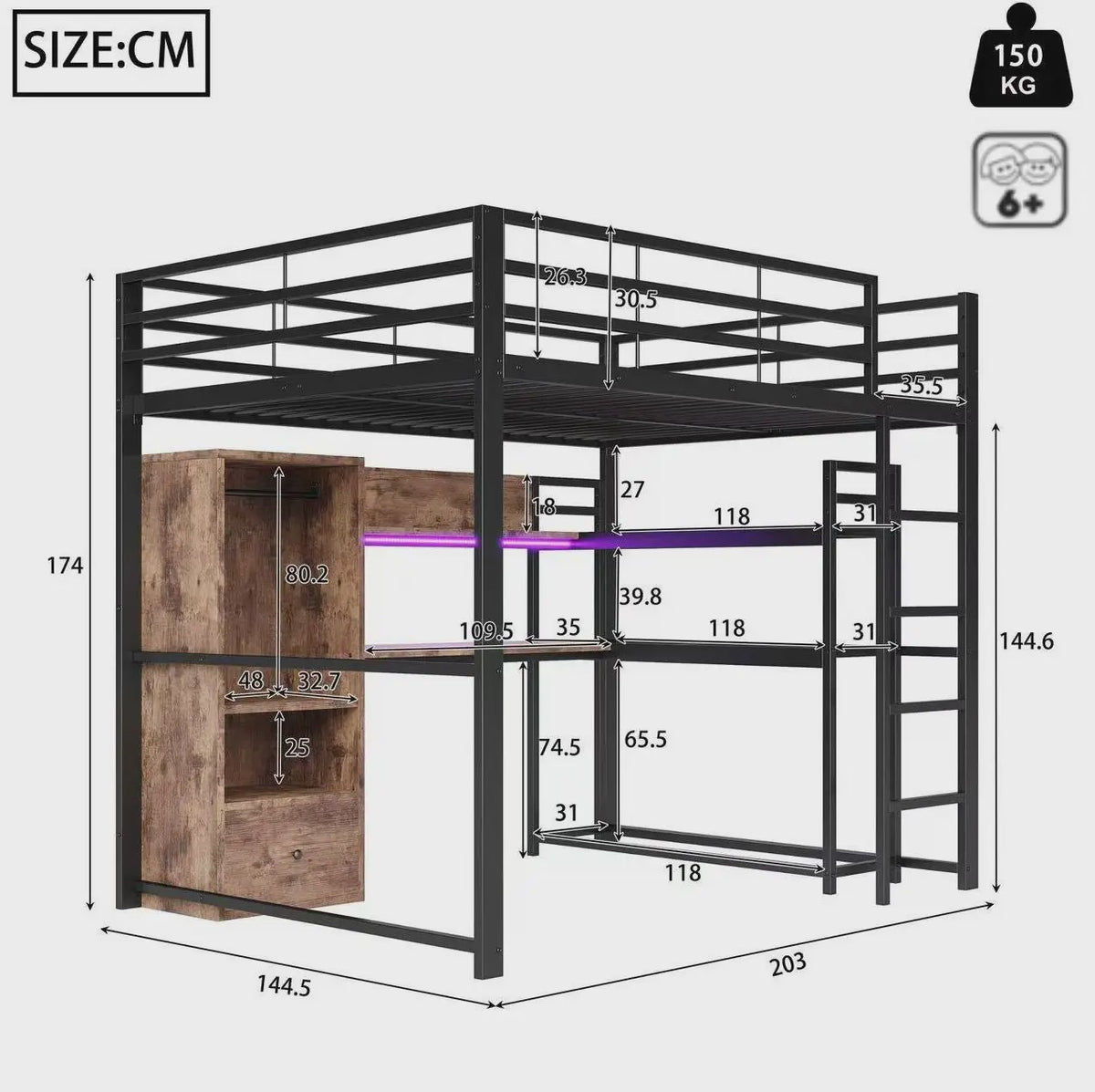 Zwart Metalen Loft Bed 140x200 cm met LED Verlichting, Bureau, Lade, Planken en Ladder