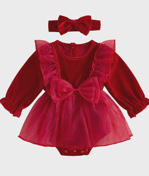 Baby Meisjes Kerst Romper Jurk met Lange Mouwen, Ruches, Tule en Hoofdband