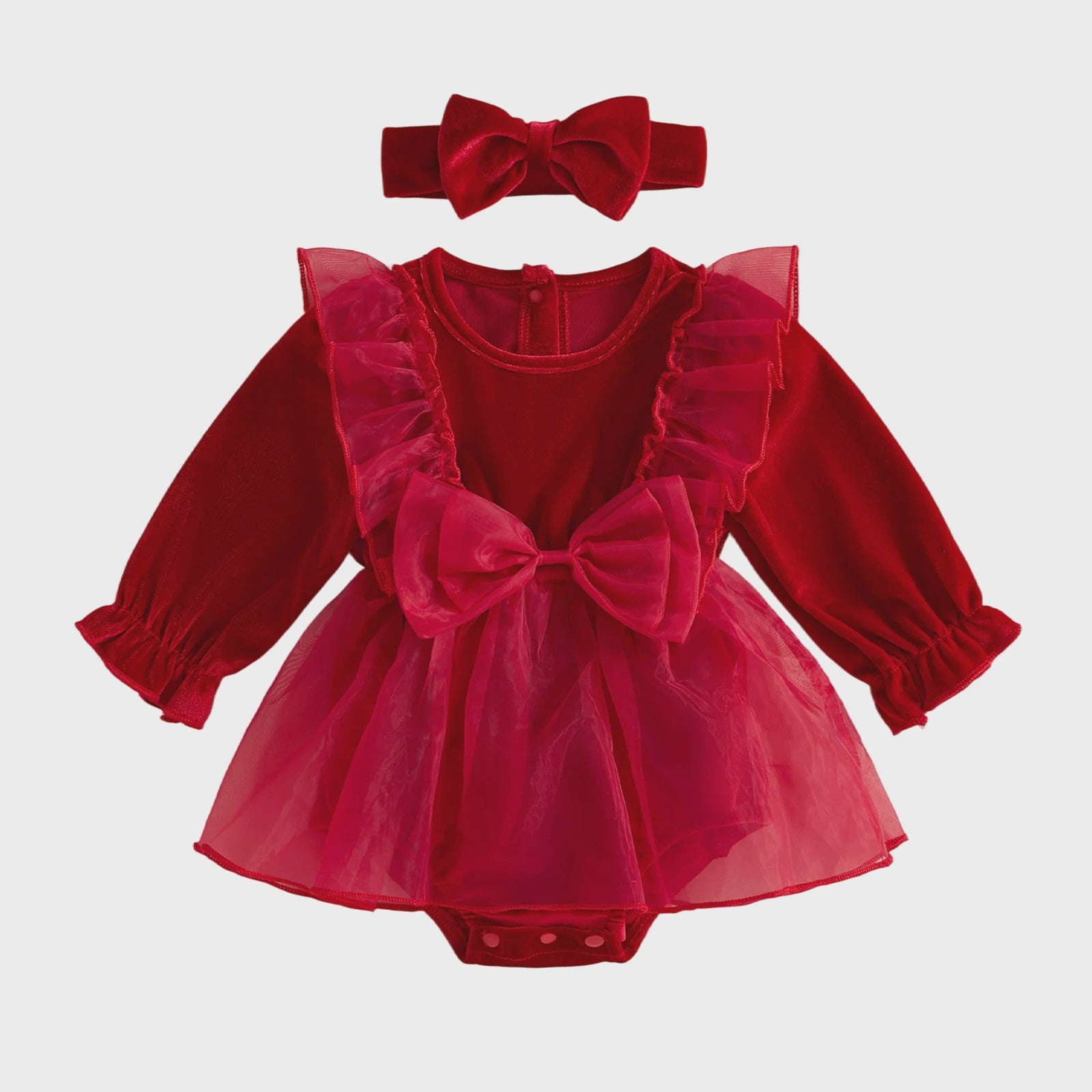 Baby Meisjes Kerst Romper Jurk met Lange Mouwen, Ruches, Tule en Hoofdband