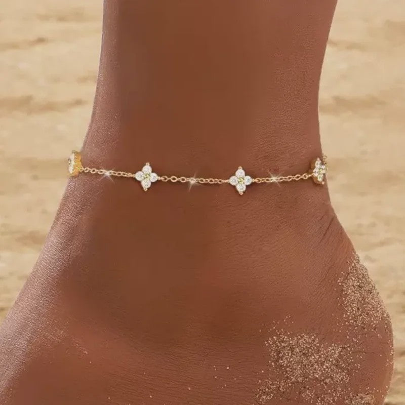 Dames Anklet Klavertje Vier Bloemen - 18K Goudkleurig, Waterdicht & Zirkonia