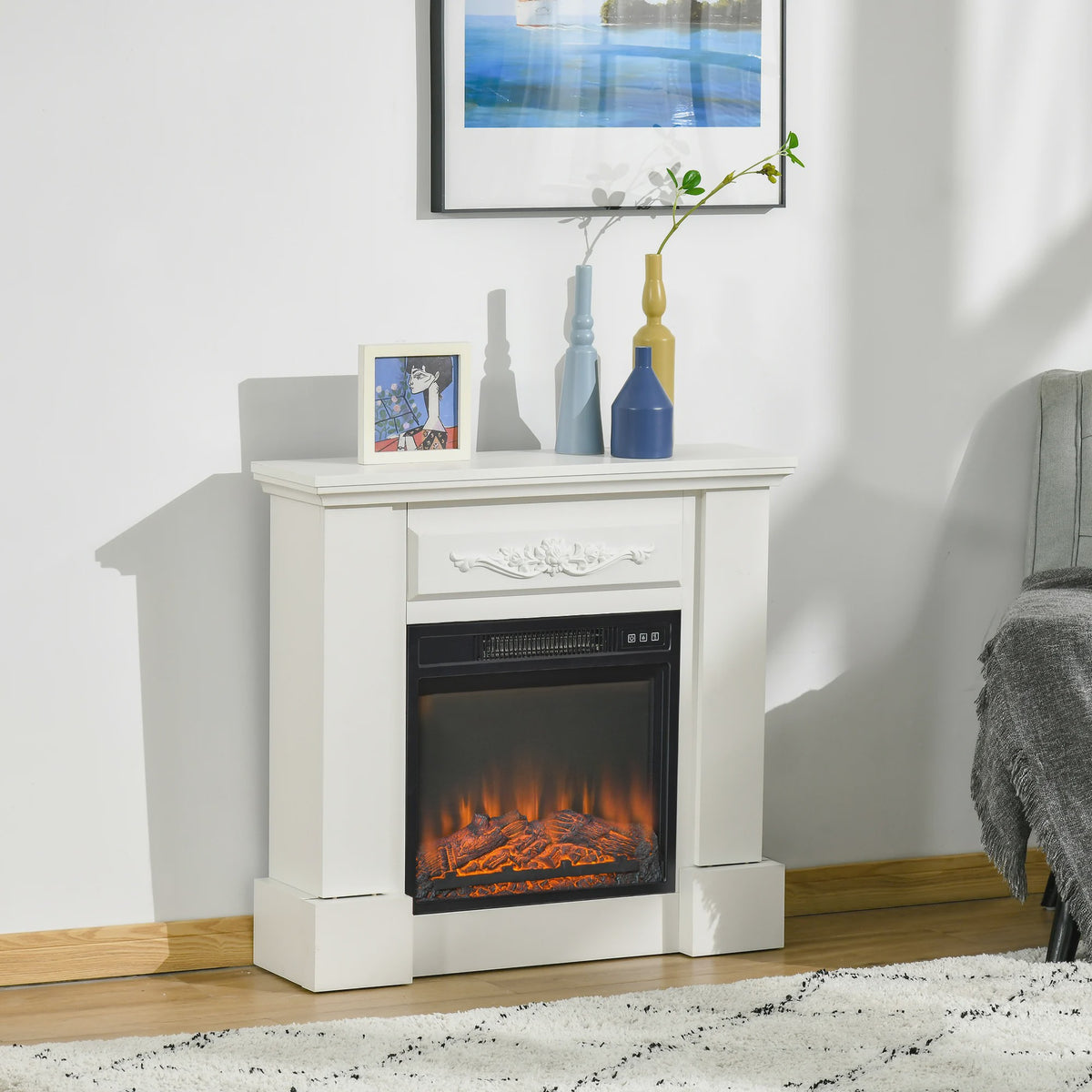 Elektrische Sfeerhaard Wit 1800W met Vlameffect, Afstandsbediening en Timer