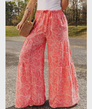 Zomerse Plus Size Wijde Pijp Broek met Bloemenprint en Elastische Tailleband