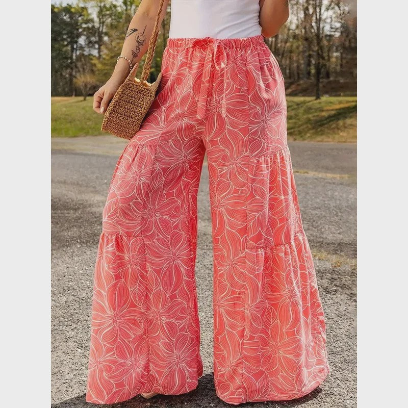 Zomerse Plus Size Wijde Pijp Broek met Bloemenprint en Elastische Tailleband