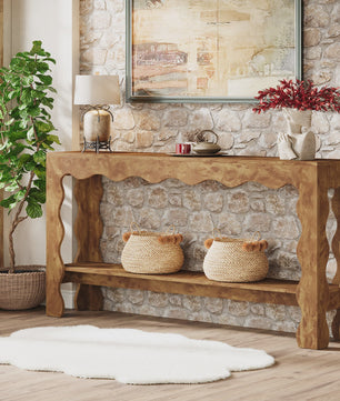Lange Houten Console Tafel 160cm met Scalloped Rand en Opbergplank - Rustiek Modern Design