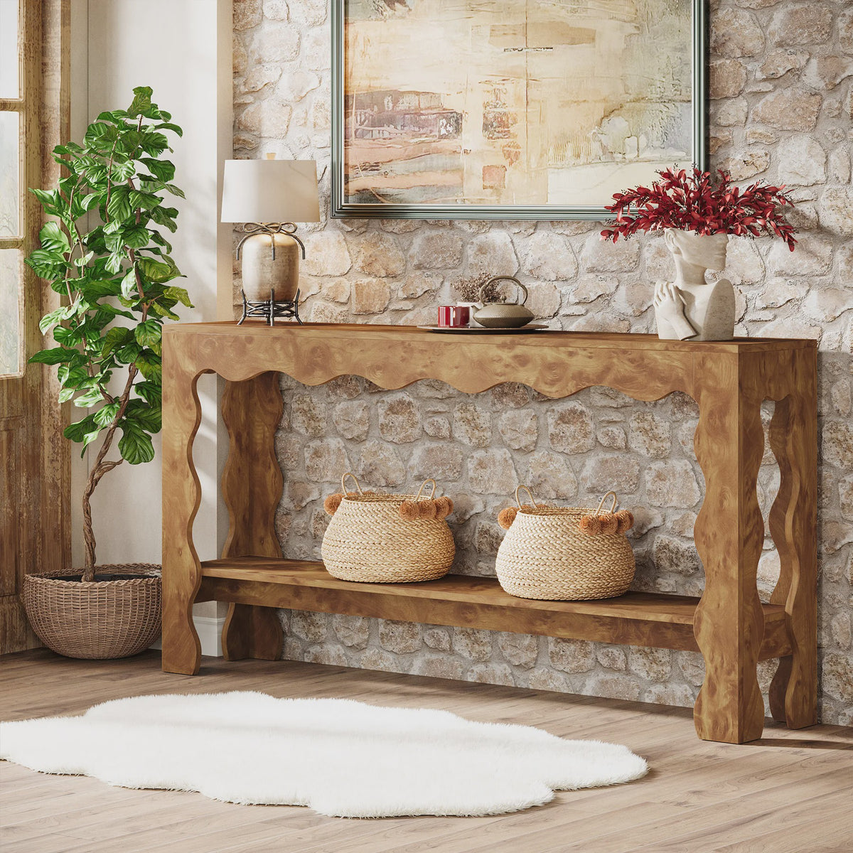 Lange Houten Console Tafel 160cm met Scalloped Rand en Opbergplank - Rustiek Modern Design