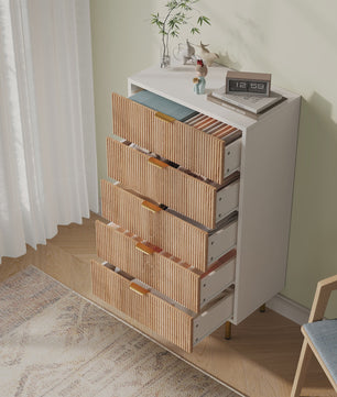 Ladekast met 5 Laden - Witte Commode met Naturel Houtstructuur, Gouden Handgrepen & Soft-Close