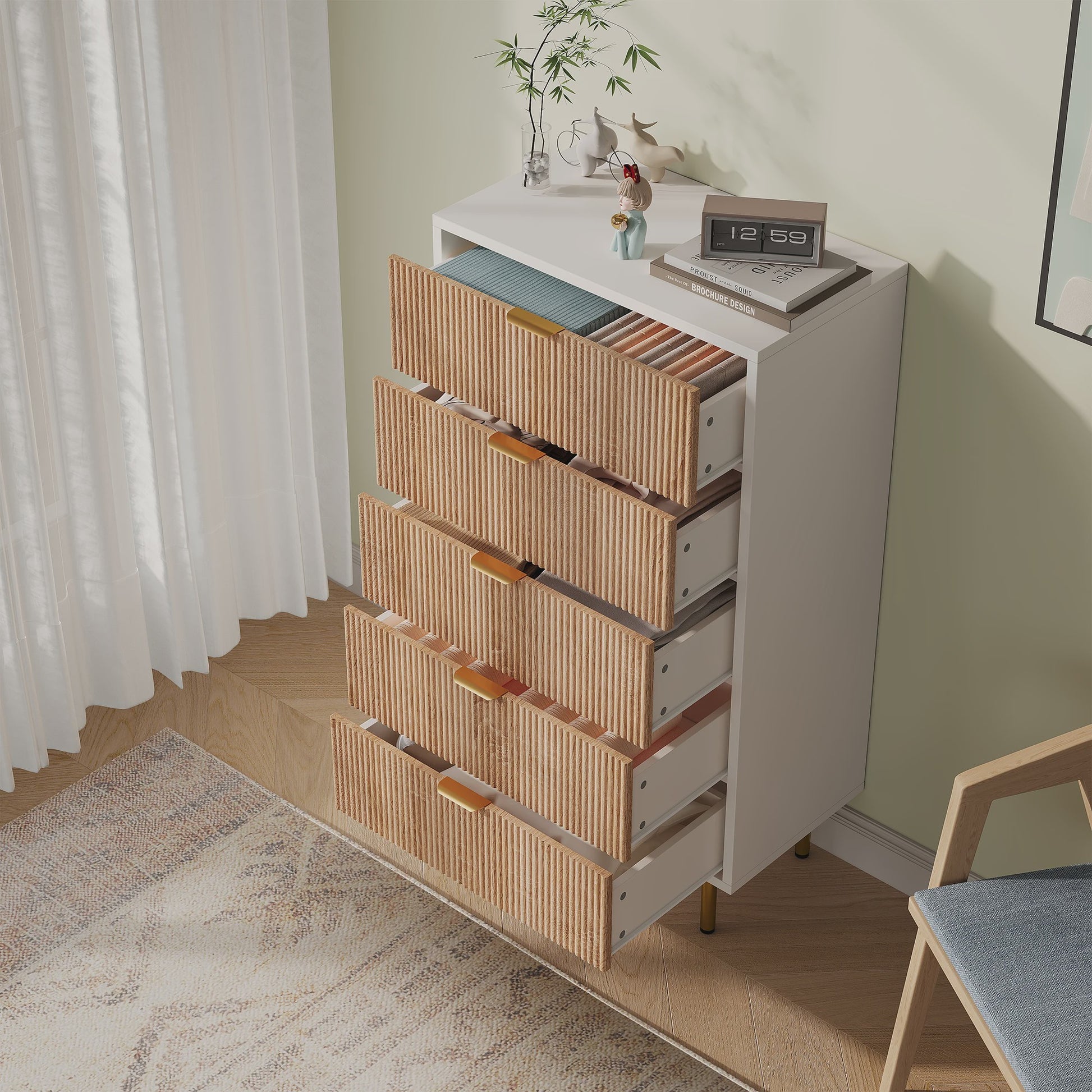 Ladekast met 5 Laden - Witte Commode met Naturel Houtstructuur, Gouden Handgrepen & Soft-Close