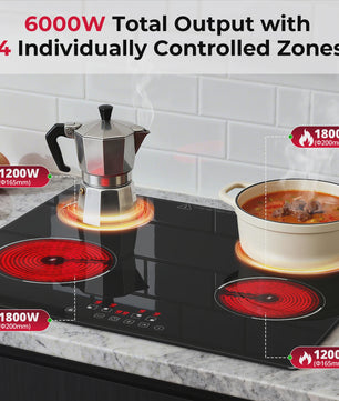 60cm Inbouw Keramische Kookplaat 6000W - 4 Zones, Touch Control, 9 Niveaus, Timer & Kinderslot