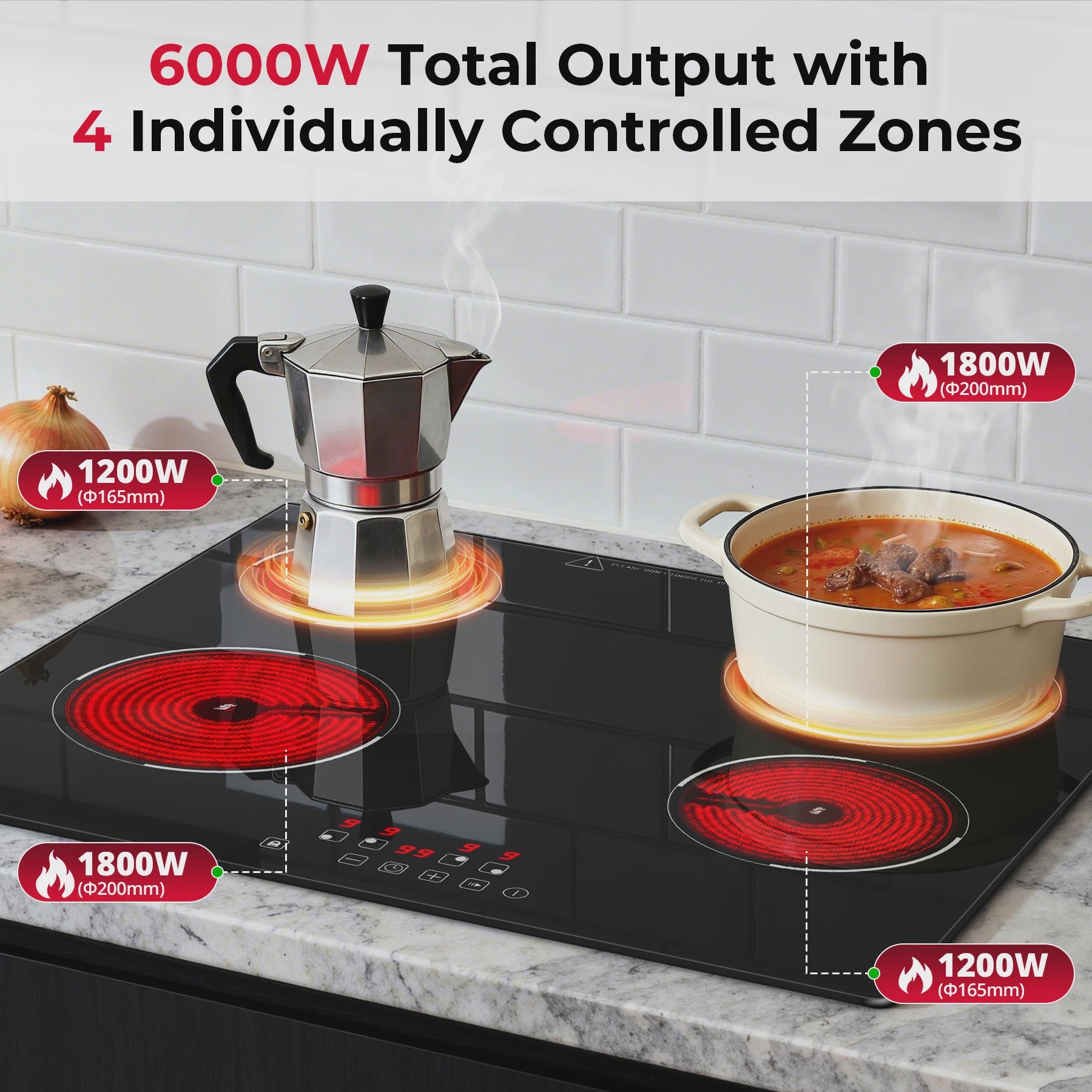 60cm Inbouw Keramische Kookplaat 6000W - 4 Zones, Touch Control, 9 Niveaus, Timer & Kinderslot