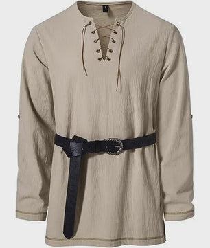 Heren Middeleeuwse Tuniek met Vetersluiting - Renaissance, Viking & Piraat Kostuum Shirt