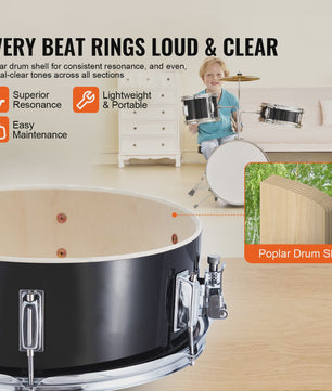 3-delige Kinder Drumstel Set 14 inch - Inclusief Krukje, Bekken & Stokken - Zwart/Blauw
