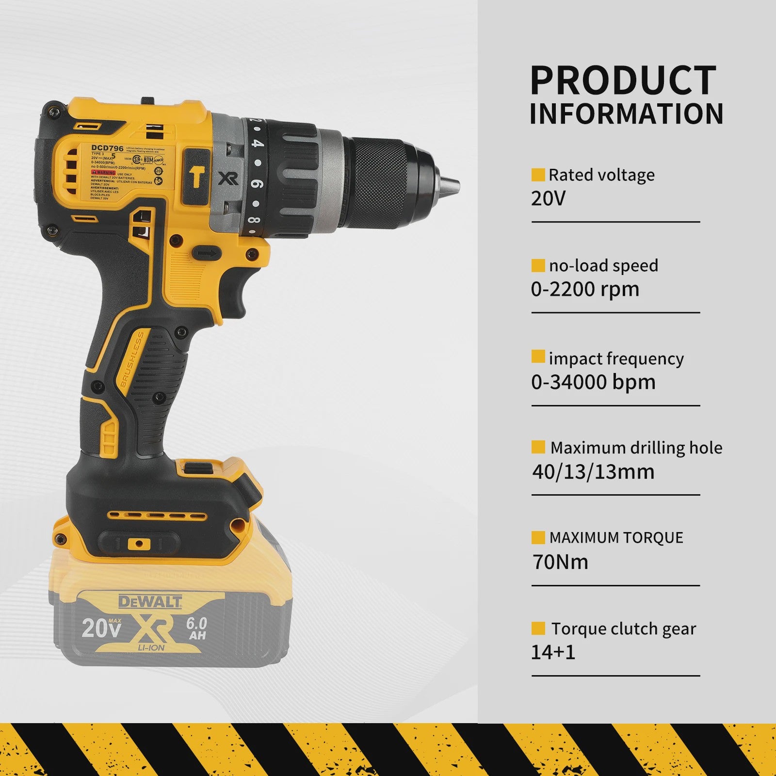 DeWalt DCD796 Accuboormachine 20V Brushless - 2200 RPM, 70Nm, 14+1 Koppeling