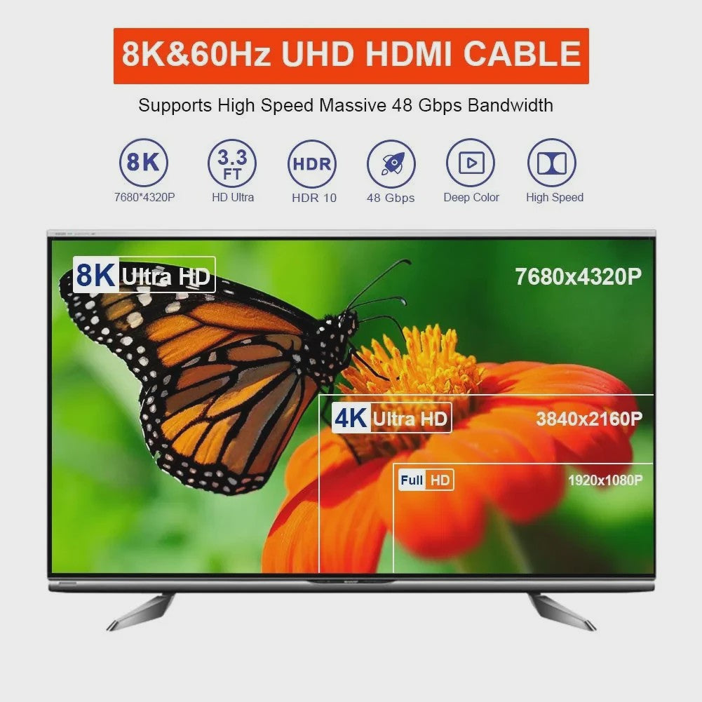 8K HDMI 2.1 Kabel - 48Gbps High Speed, 8K60/4K120, Gevlochten, eARC, HDCP 2.3 - Compatibel met PS5 & Roku TV