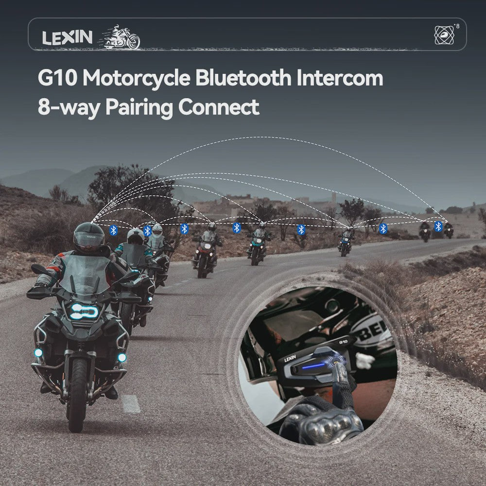 LEXIN G10 Motorhelm Intercom Systeem - 8 Rijders, Bluetooth 5.1, Parallel Audio & Muziek Delen