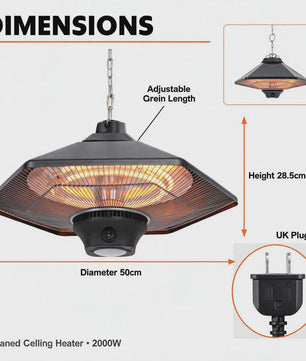 2000W Plafond Terrasverwarmer met LED Licht - Infrarood Verwarming, Afstandsbediening & 3 standen