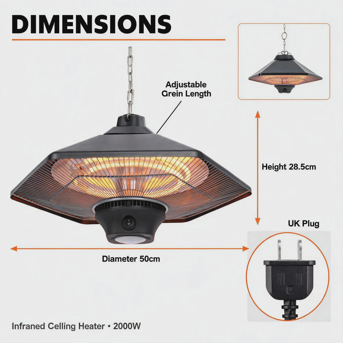 2000W Plafond Terrasverwarmer met LED Licht - Infrarood Verwarming, Afstandsbediening & 3 standen