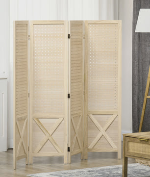 Homcom Houten Kamerverdeler 4 Paneel Vouwbaar - Natuurlijk Hout, 152x144.5 cm