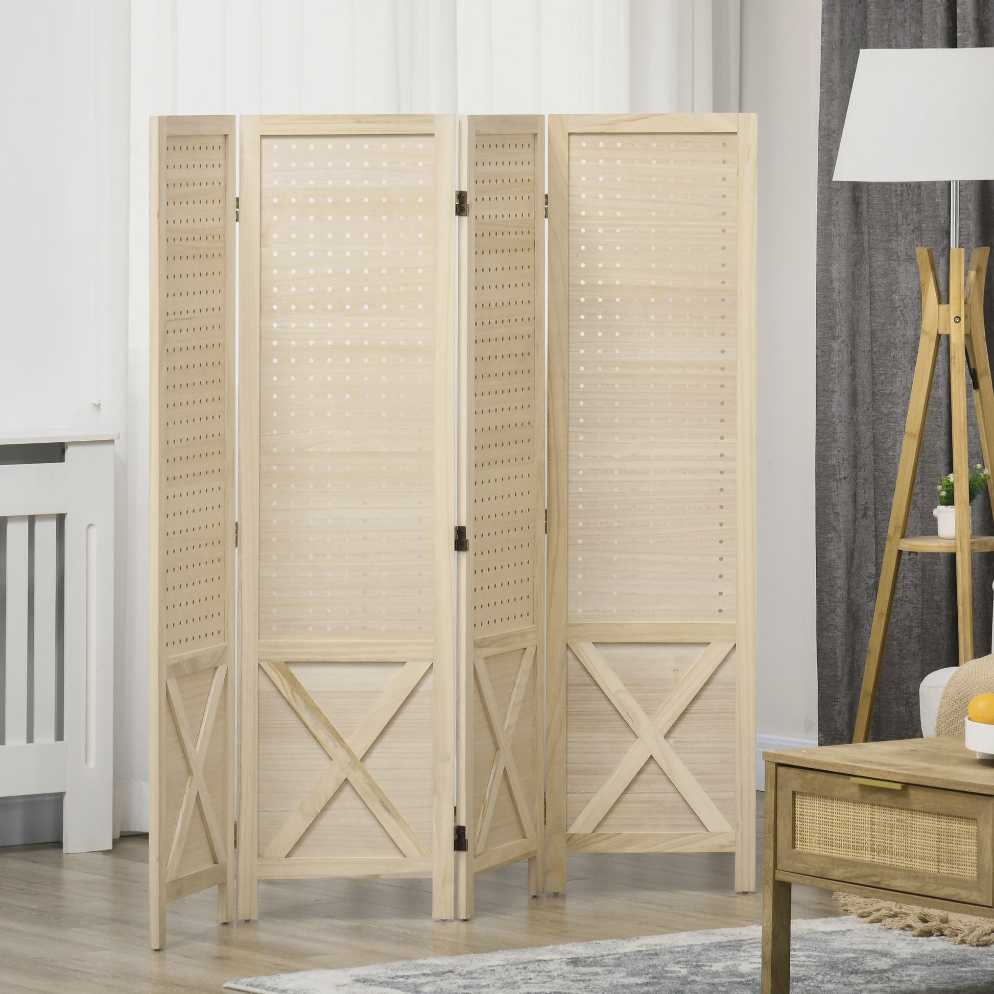 Homcom Houten Kamerverdeler 4 Paneel Vouwbaar - Natuurlijk Hout, 152x144.5 cm