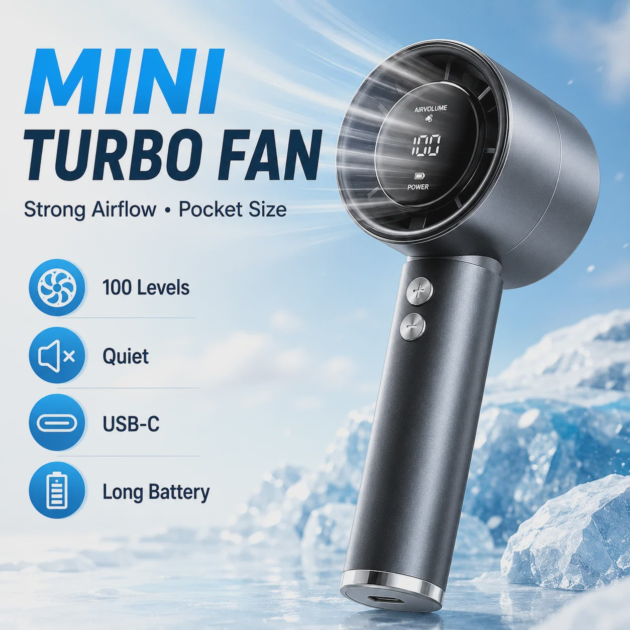 Draagbare Mini Ventilator met LED Display - 5 Snelheden, USB Oplaadbaar