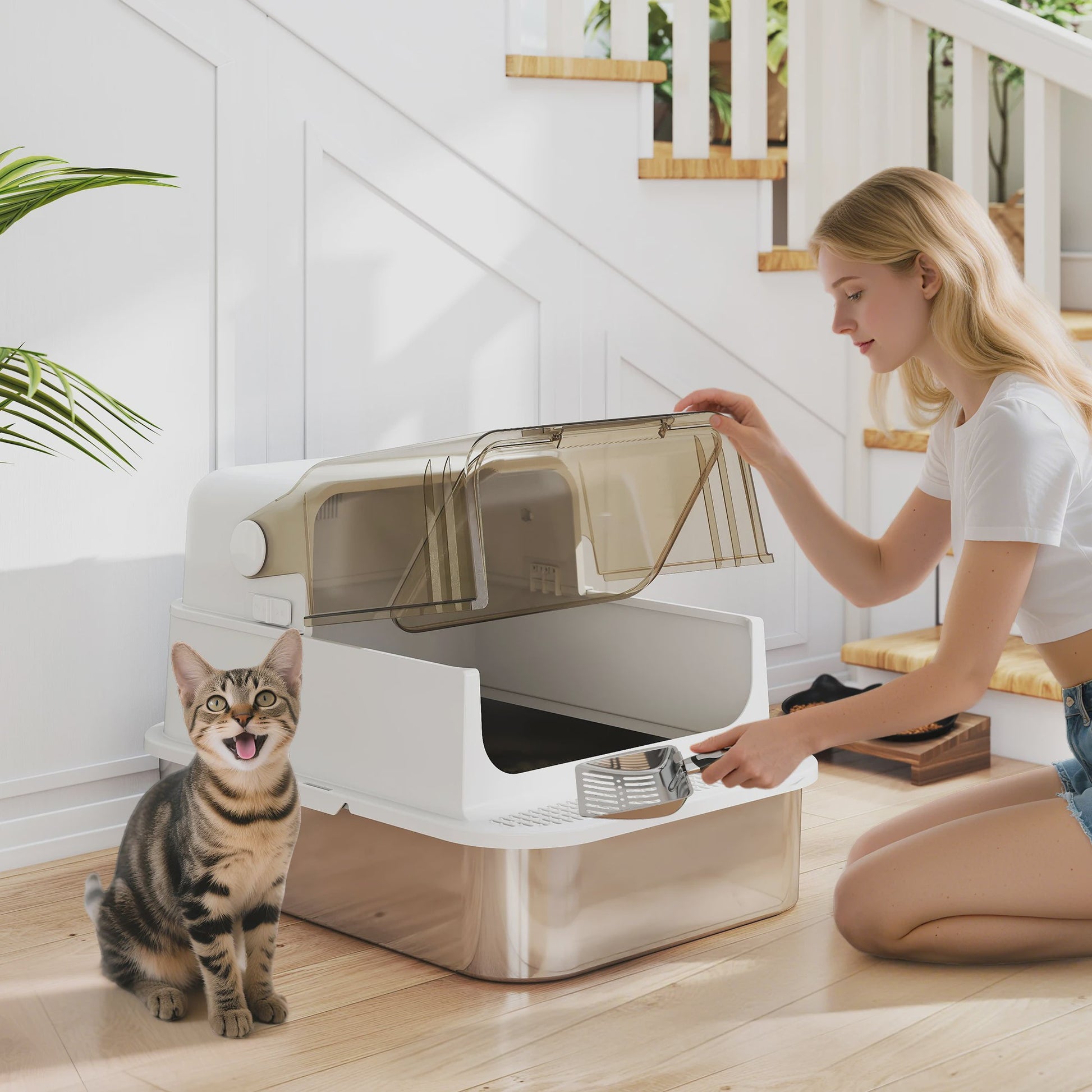 Gesloten Kattenbak met RVS Bodem - Ruim & Geurarm - Wit - 70x50 cm