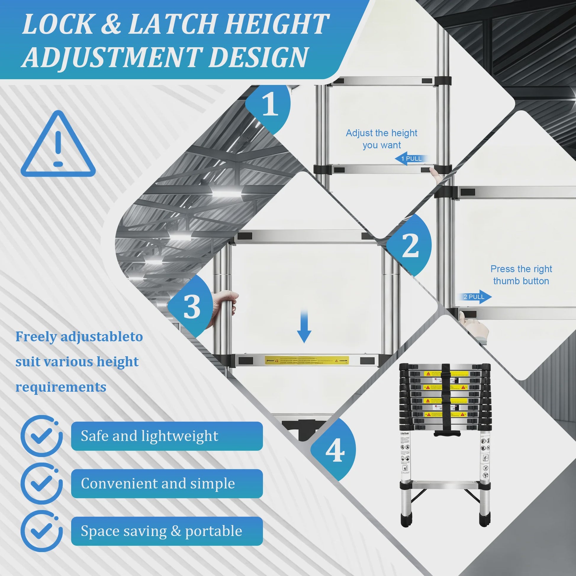 2.6M-6.3M Telescopische Ladder van Roestvrij Staal met Afneembare Haken & Stabilisator Bar - EN131 Gecertificeerd, 150kg Max