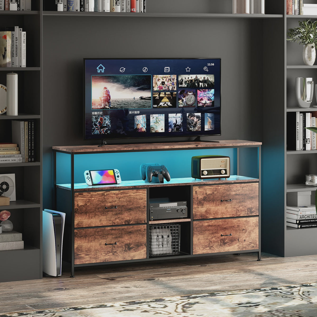 Industrieel TV-meubel 108cm met 4 Stoffen Lades en RGB LED-verlichting