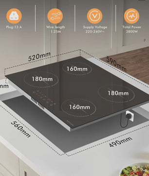 NOXTON Inductie Kookplaat 60cm - 4 Zones, Touch Control, Veiligheidslot & Timer - Zwart