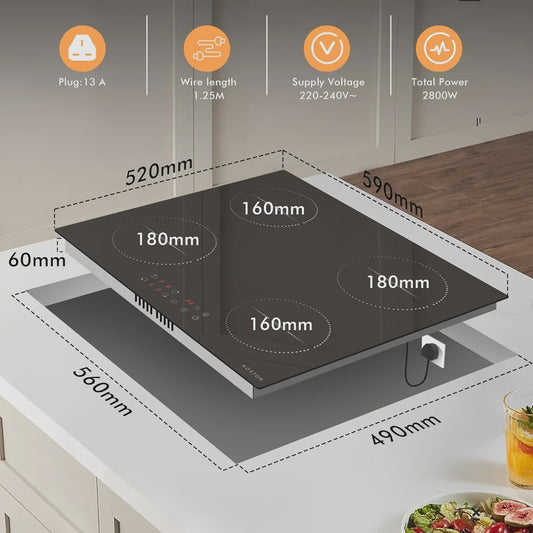 NOXTON Inductie Kookplaat 60cm - 4 Zones, Touch Control, Veiligheidslot & Timer - Zwart