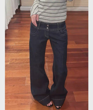 Y2K Stijl Wijde Pijpen Jeans met Lage Taille en Blauwe Knopen - Flatterend Denim