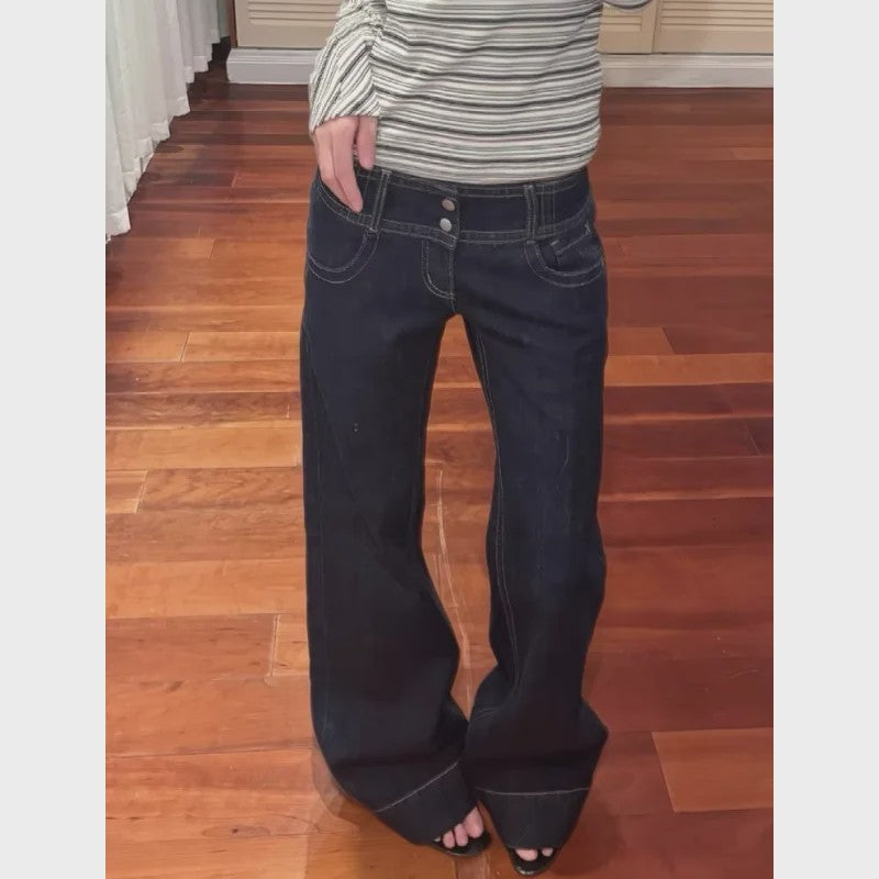 Y2K Stijl Wijde Pijpen Jeans met Lage Taille en Blauwe Knopen - Flatterend Denim