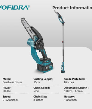 YOFIDRA Telescopische Snoeizaag 8-Inch Brushless Motor - 2-in-1 Hoge Takken Snoeien