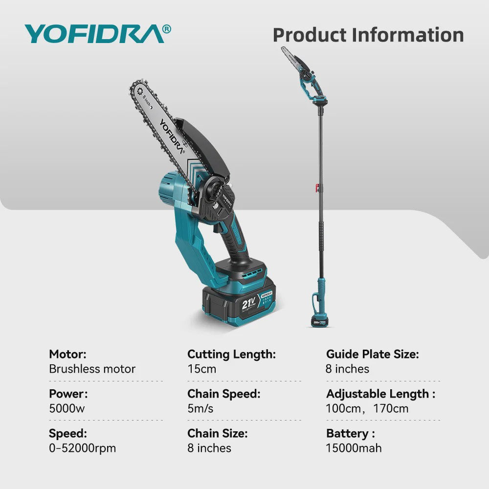 YOFIDRA Telescopische Snoeizaag 8-Inch Brushless Motor - 2-in-1 Hoge Takken Snoeien