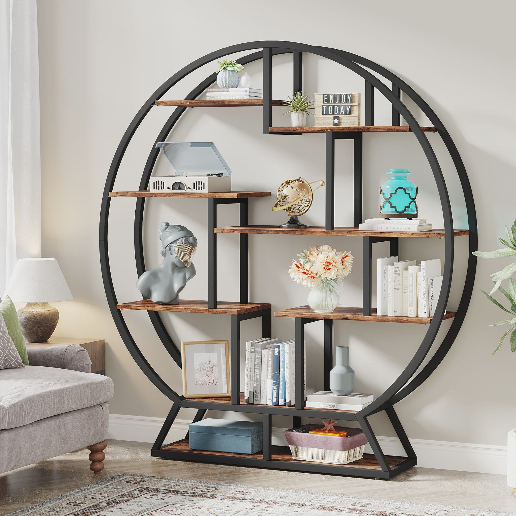 Industriële Ronde Boekenkast met Verspringende Planken - 160 cm Hoog