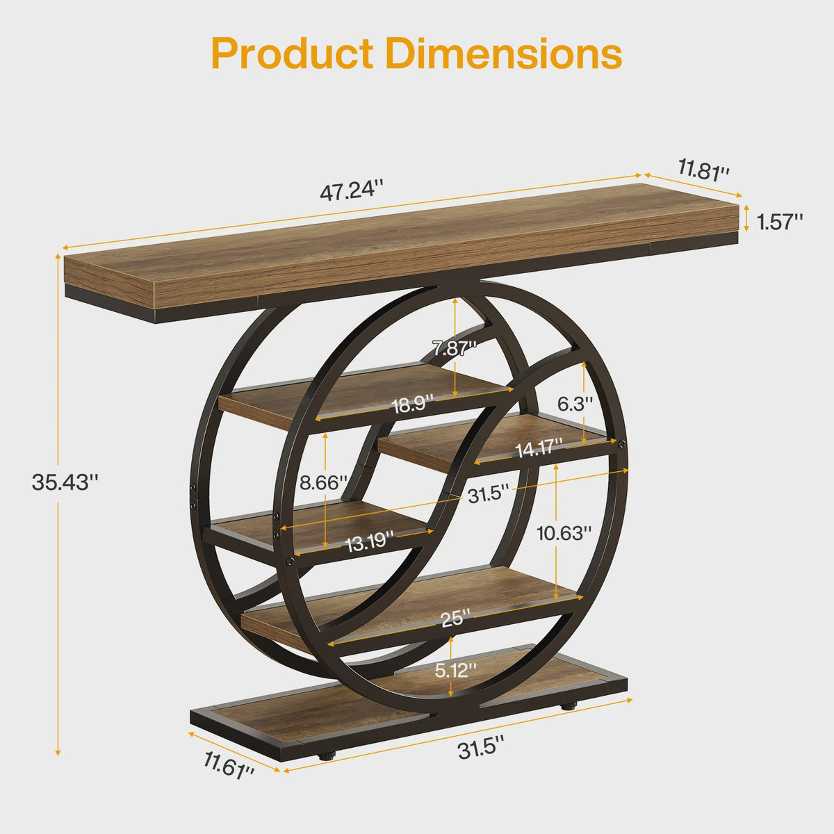 Industriële Console Tafel 120cm met 6 Niveaus en Geometrisch Metalen Frame