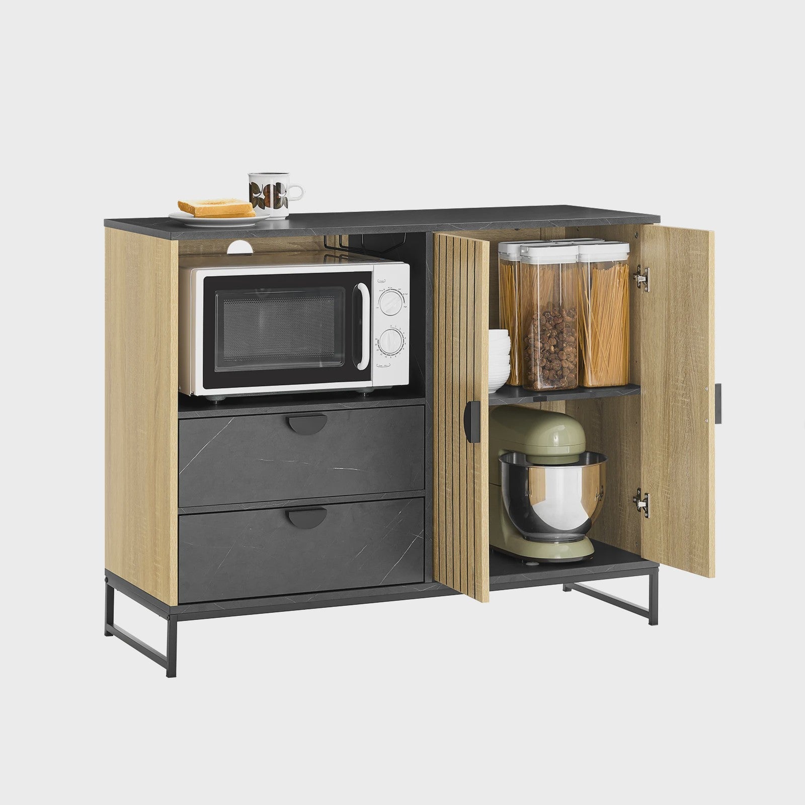 SoBuy Keuken Dressoir met Magnetronnis en Deuren - Eiken/Zwart 107x40x85cm