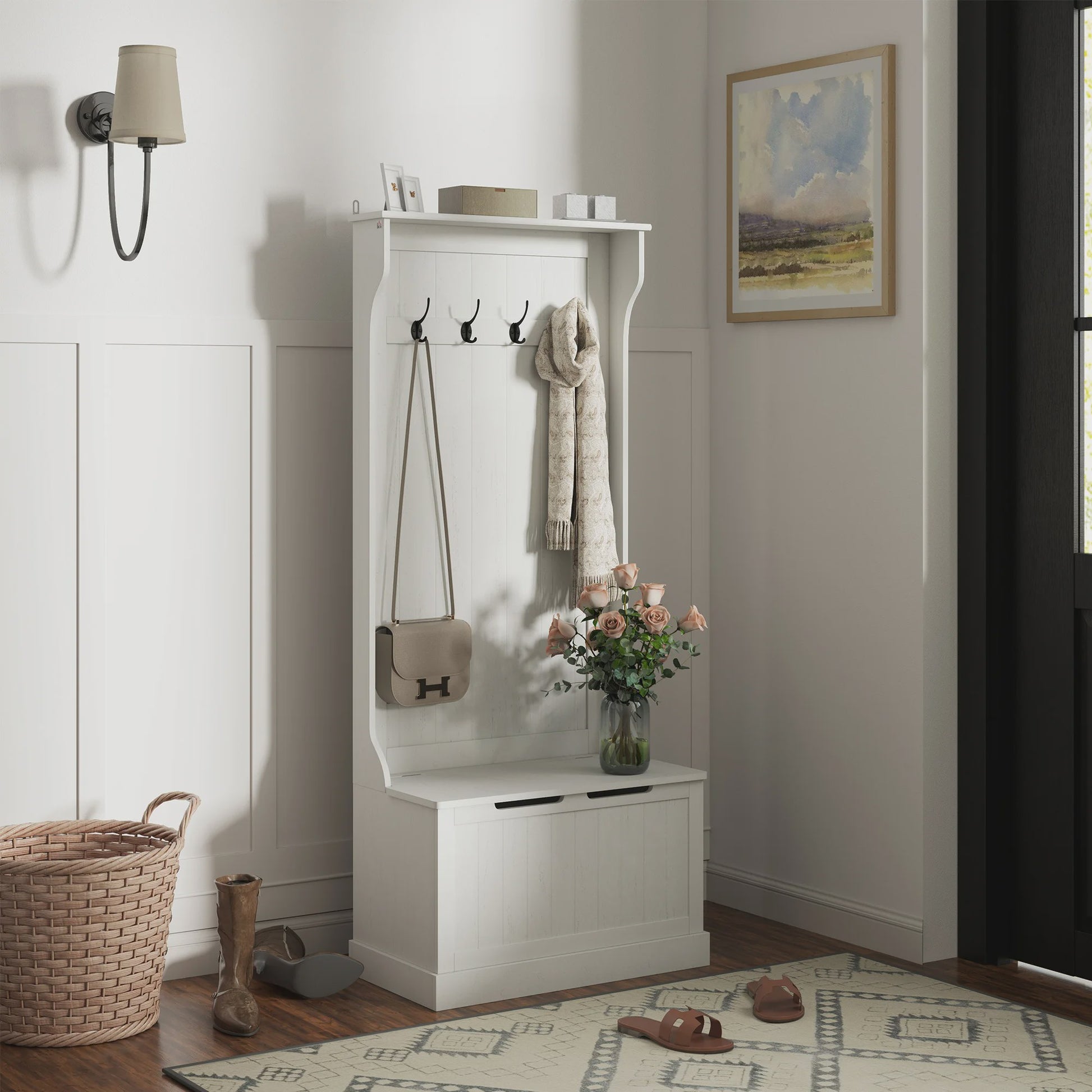 Witte Kapstok met Schoenenbank en Opbergruimte - 4 Haken, 71.5x39.5x170 cm