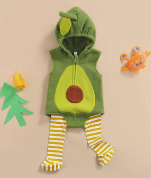 Schattige Avocado Romper met Capuchon en Gestreepte Sokken - Baby Halloween Outfit