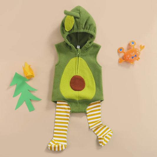 Schattige Avocado Romper met Capuchon en Gestreepte Sokken - Baby Halloween Outfit