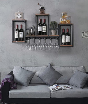 Industriële Houten Wijnrek Wandmontage met Glashouder - Bar & Café Stijl