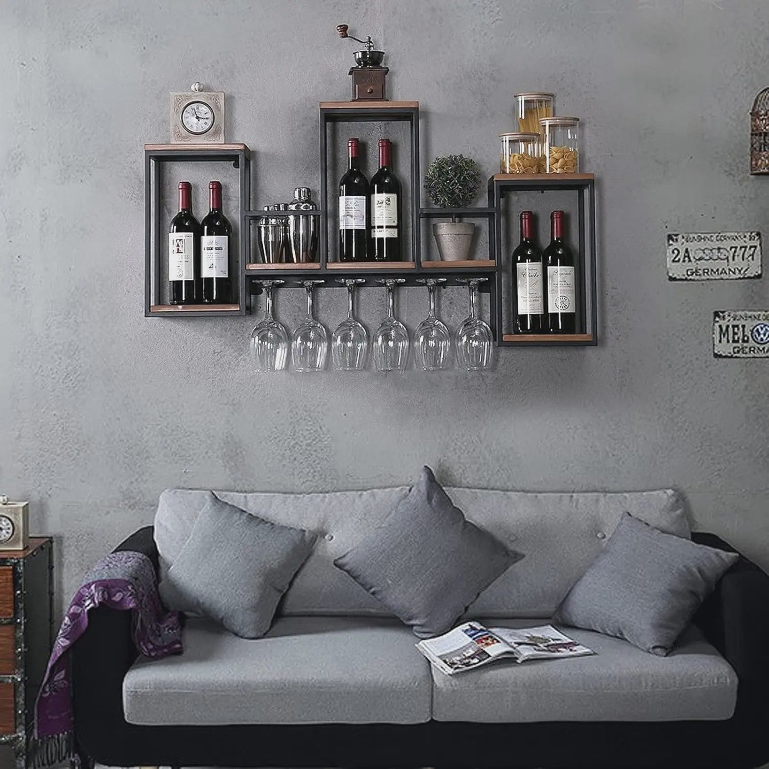 Industriële Houten Wijnrek Wandmontage met Glashouder - Bar & Café Stijl